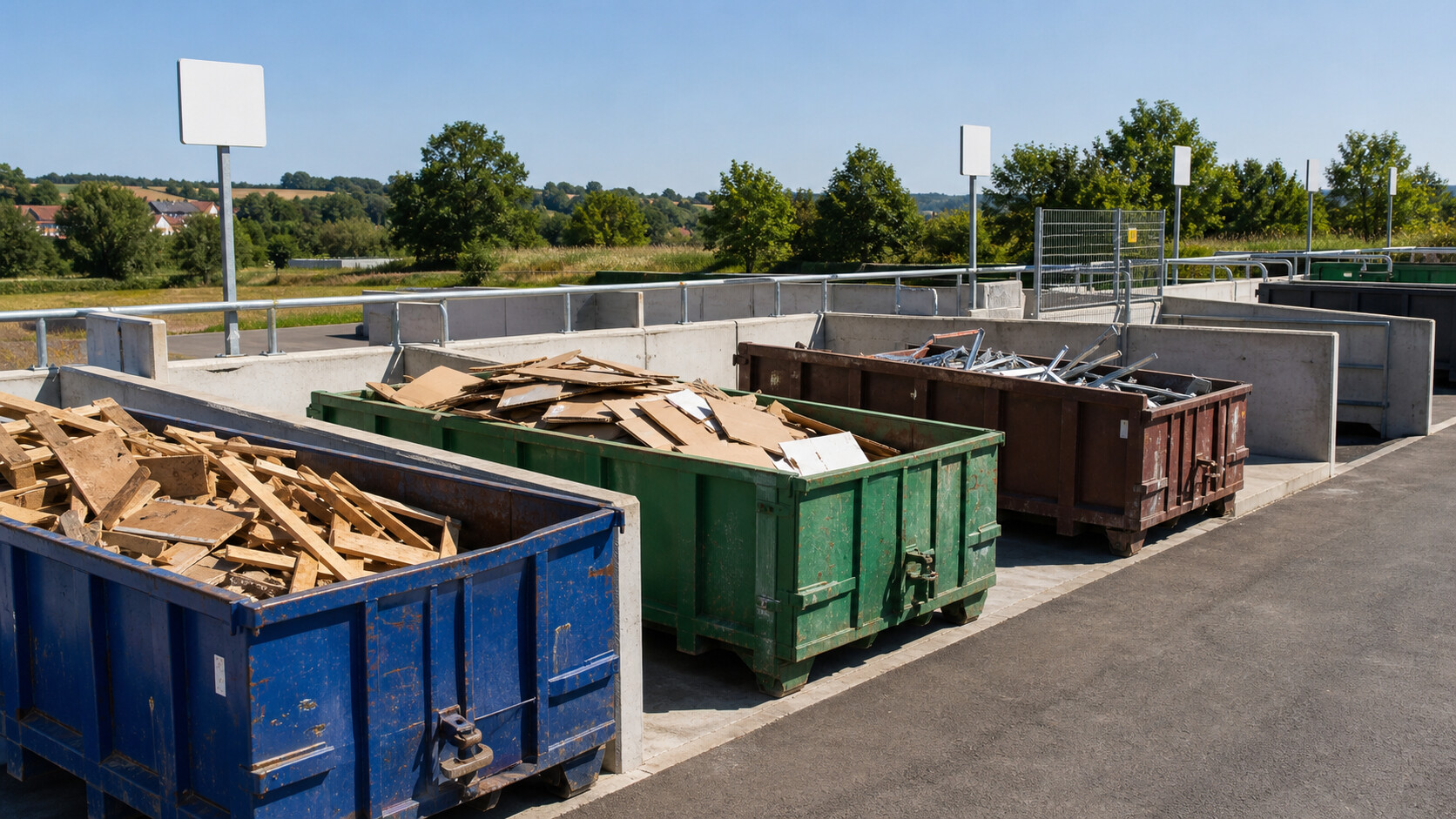Quai de déchèterie avec bennes séparées pour bois, cartons et métaux