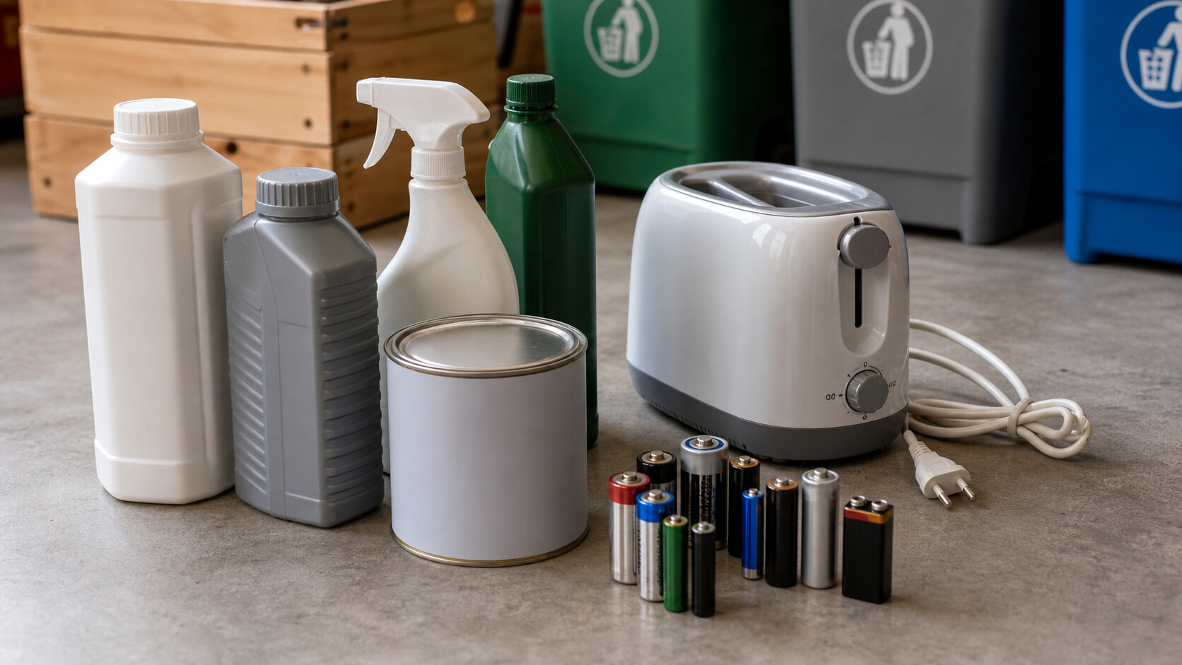 Bidons fermés, piles et petit appareil électrique préparés pour un dépôt séparé