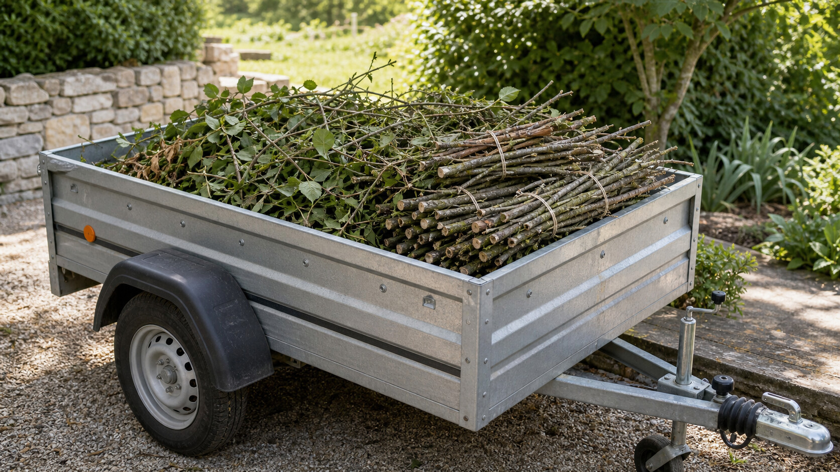 Branches taillées et fagots chargés dans une remorque de jardin