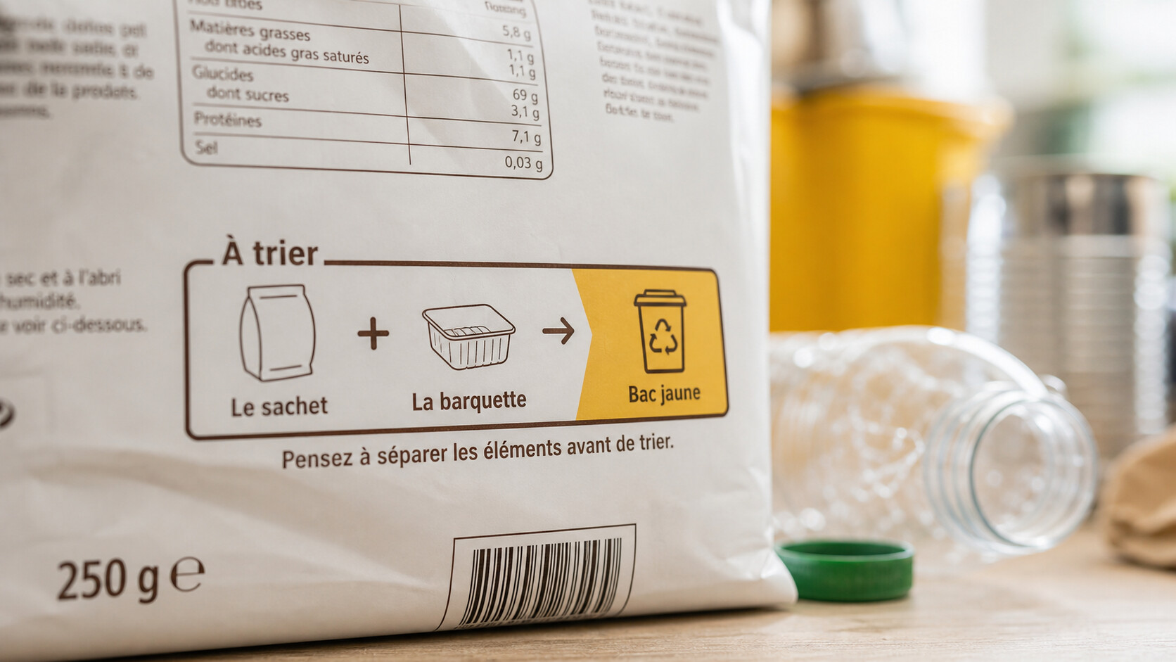 Pictogramme Info-tri imprimé sur un emballage alimentaire