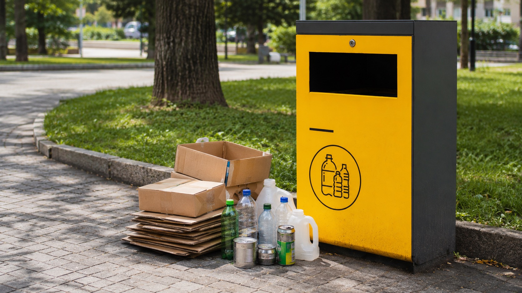 Emballages en carton, métal et plastique posés près d'un bac jaune