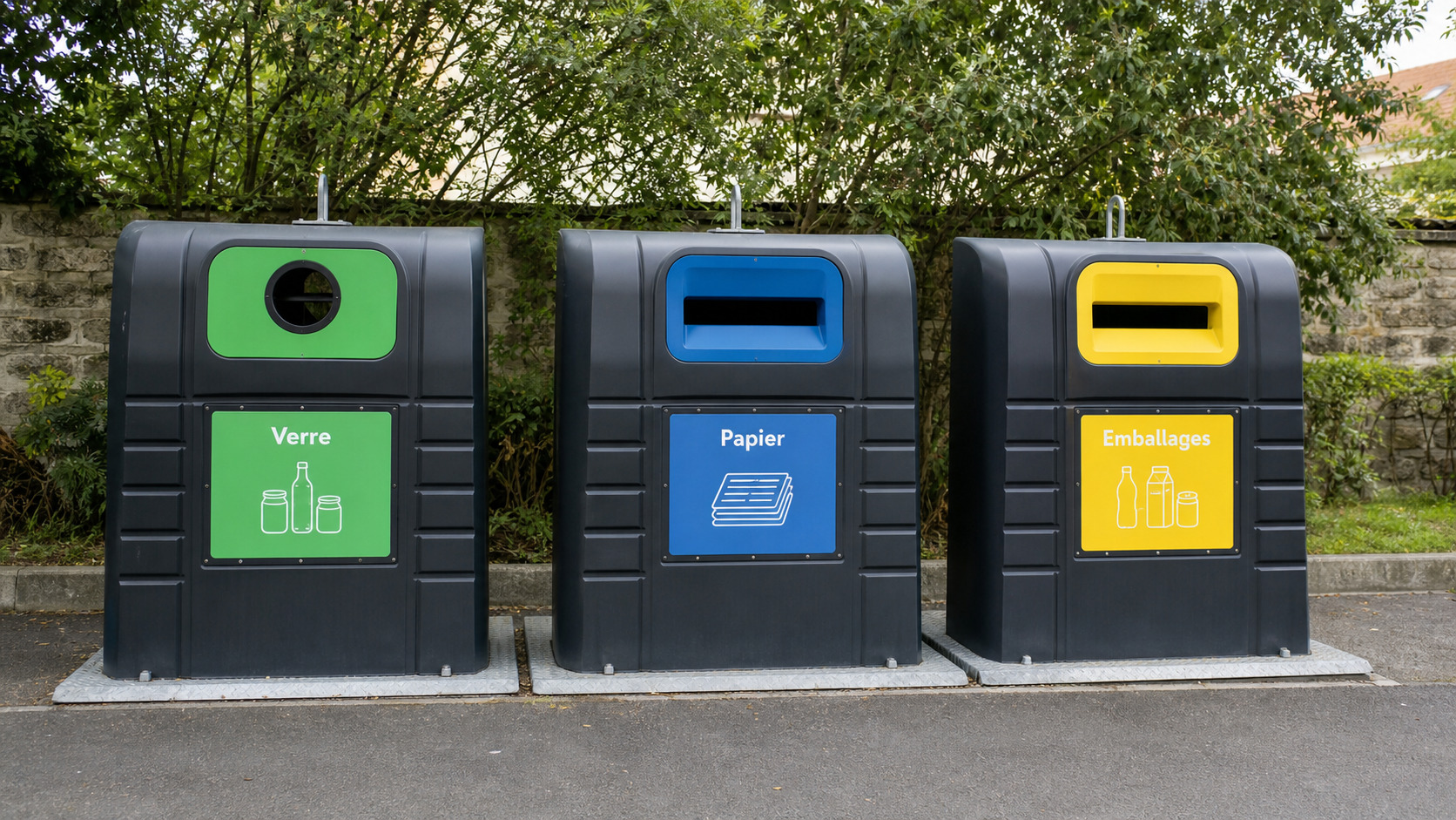 Bornes de tri séparées pour le verre, le papier et les emballages
