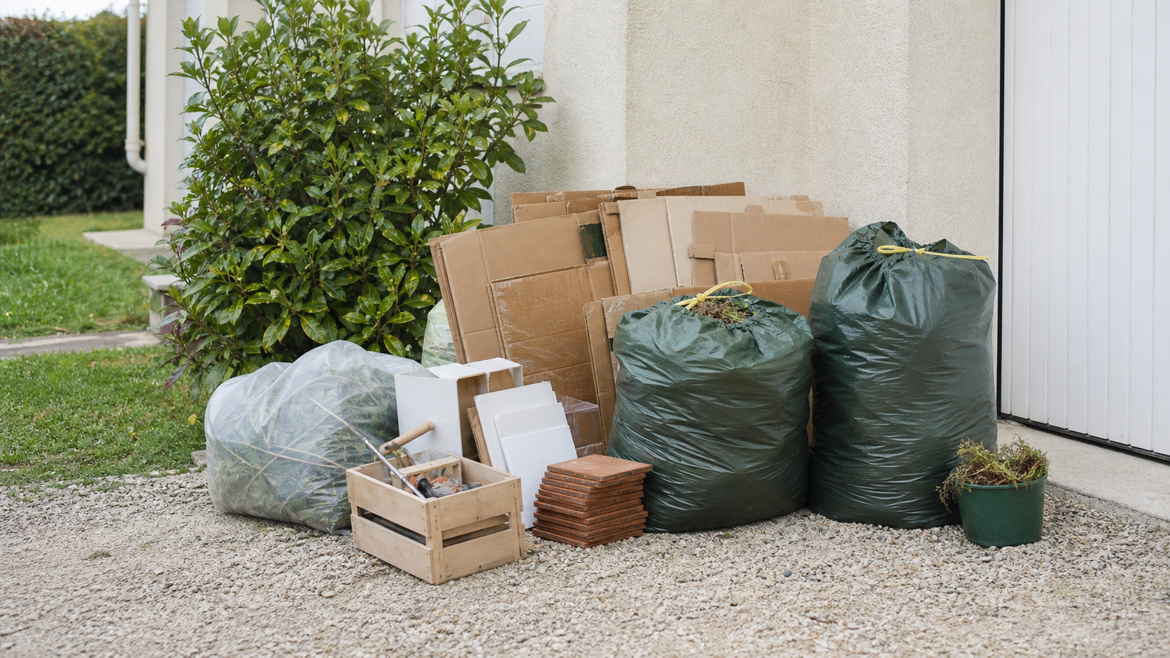 Cartons pliés, sacs et objets regroupés avant chargement