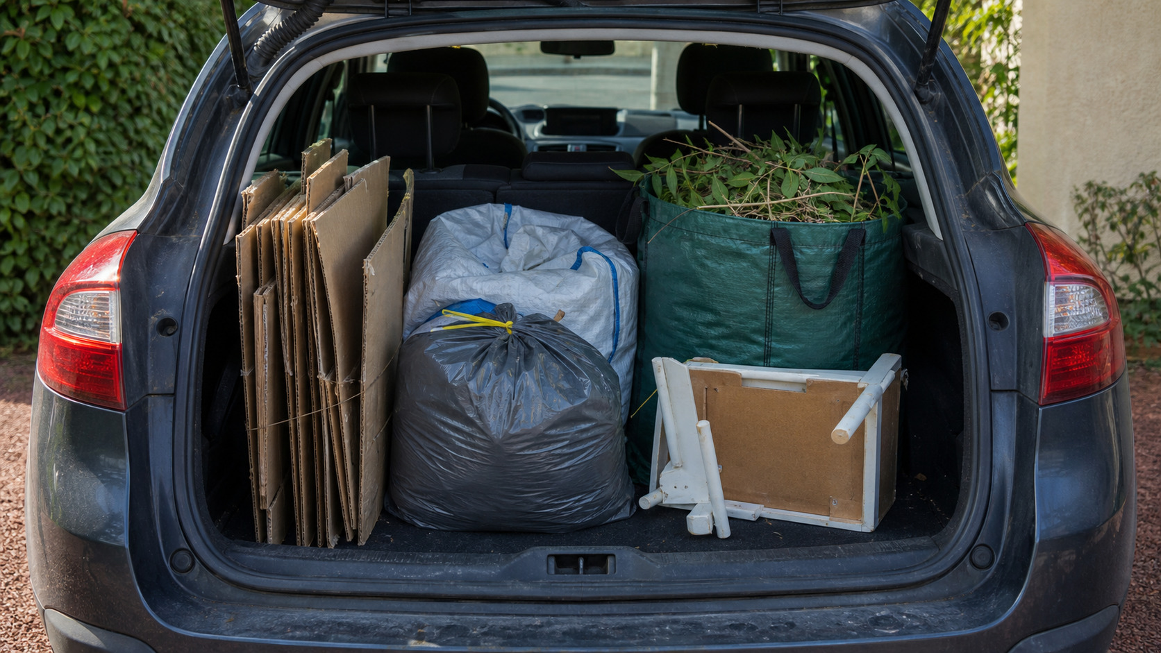 Coffre de voiture chargé avec cartons et déchets séparés