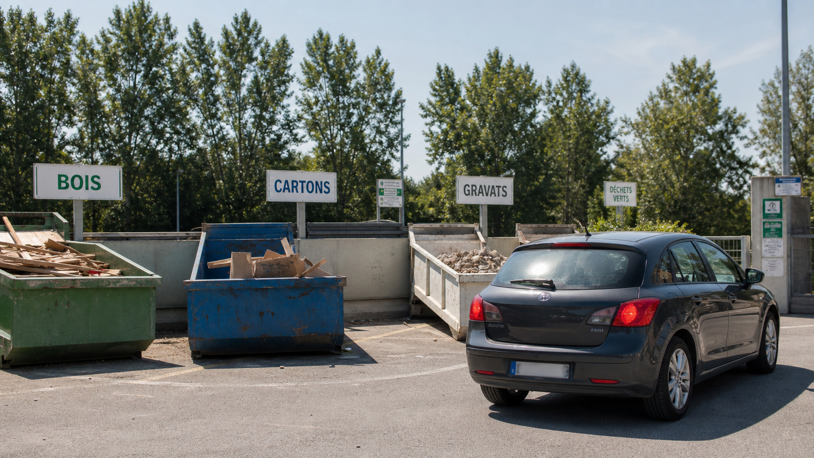 Voiture arrêtée devant des bennes de déchèterie signalées